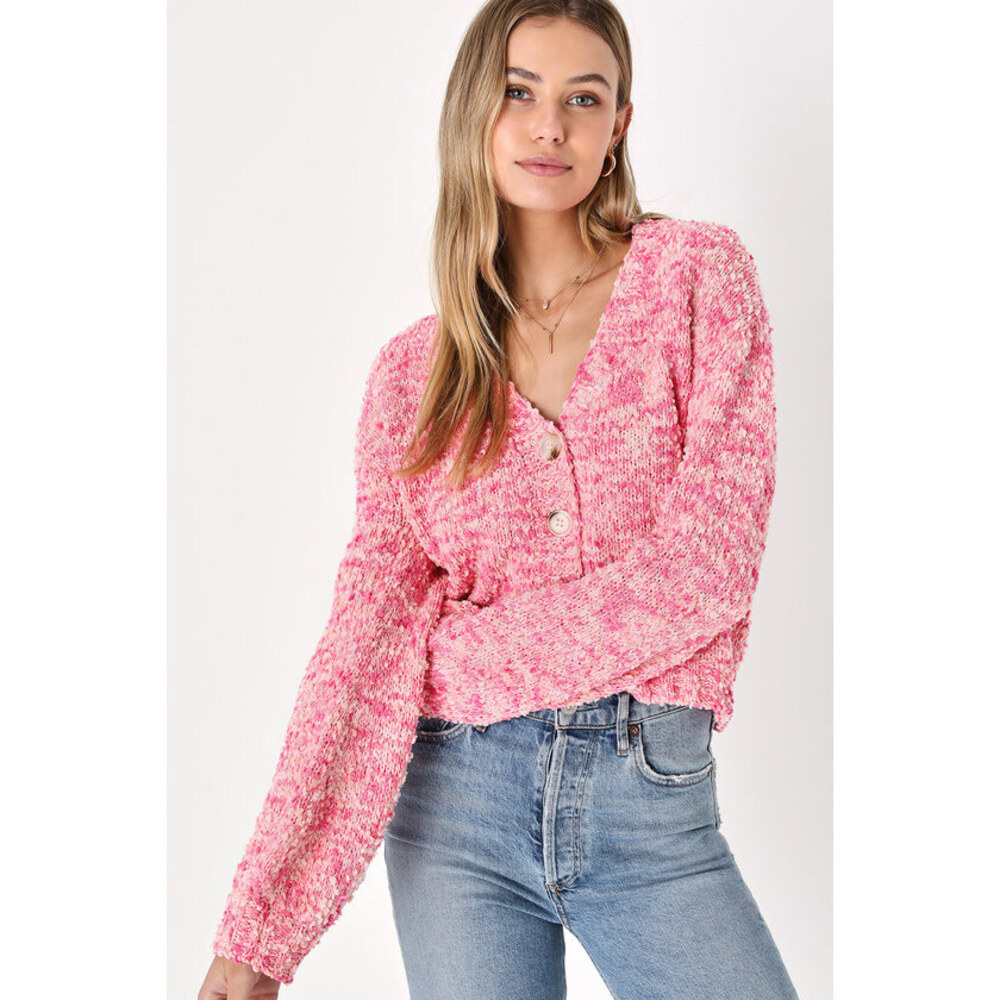 Lulus Adorable Affection Pink Multi Cropped Balloon Sleeve Cardigan - Size XS